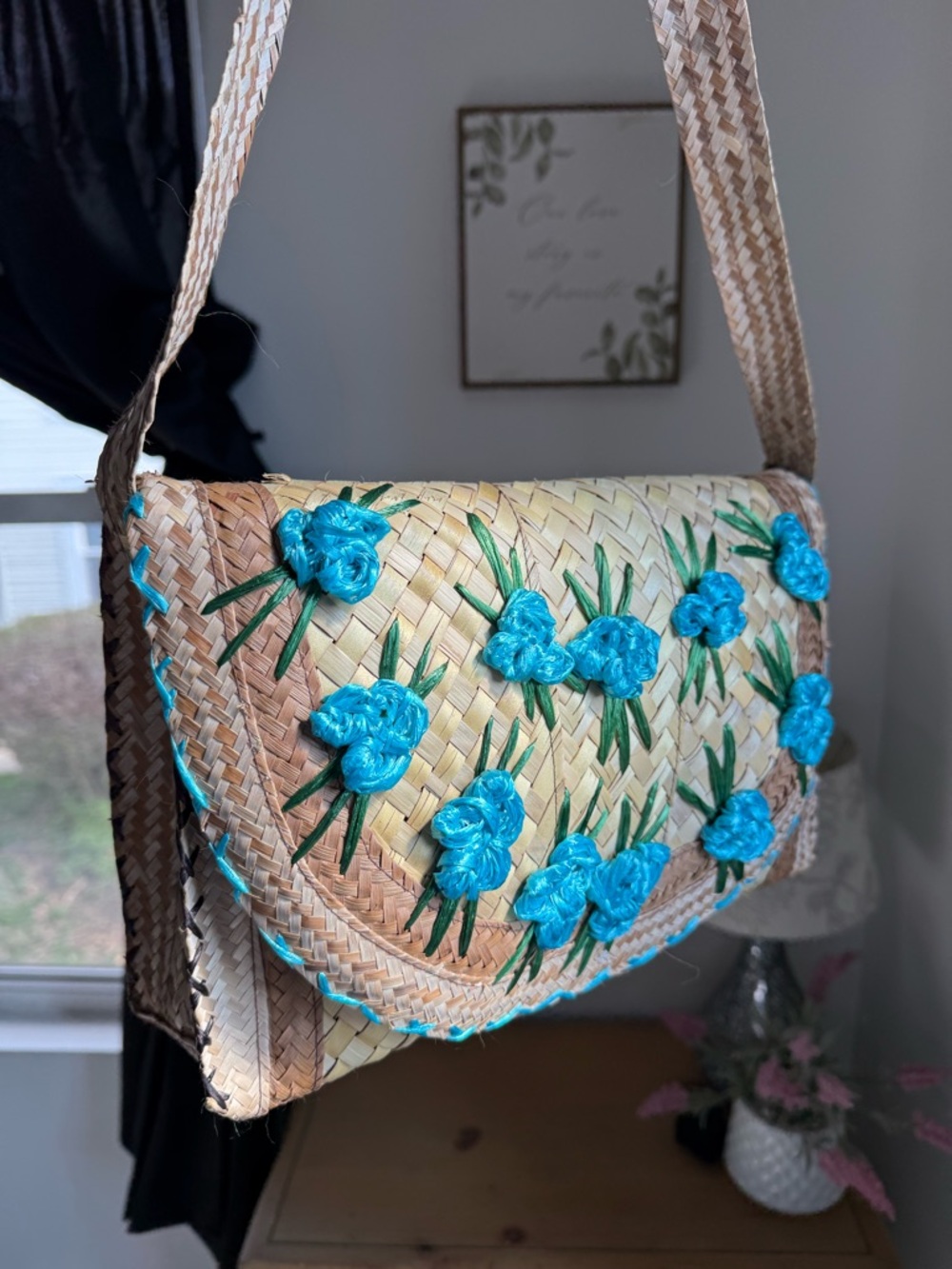 Handwoven Straw Bag with Blue Floral Embroidery